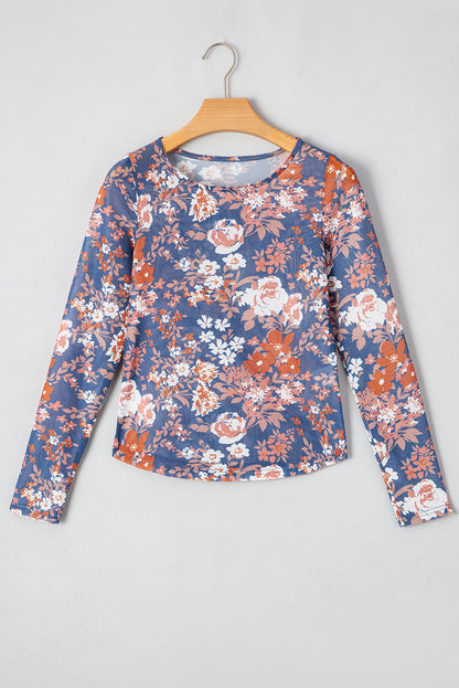 Orchid Petal Floral Print Mesh Fitted Long Sleeve Top