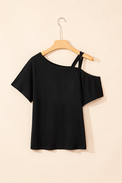 Black Asymmetric Criss Cross One Shoulder T Shirt