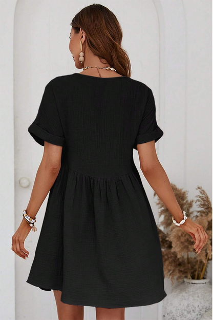 Black Folded Short Sleeve Lace V Neck Mini Dress