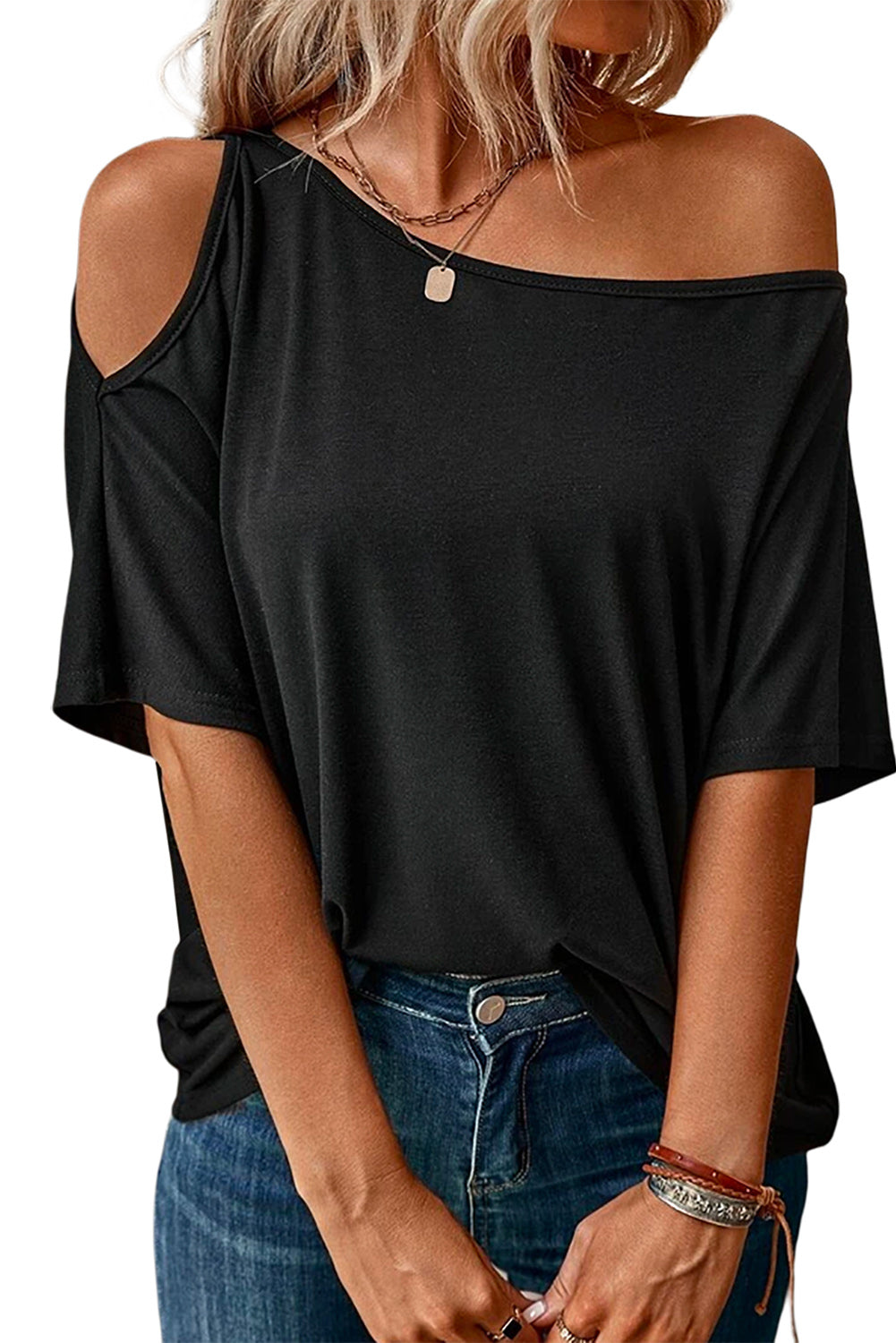 Black Solid Asymmetrical Neck Loose Casual T-Shirt