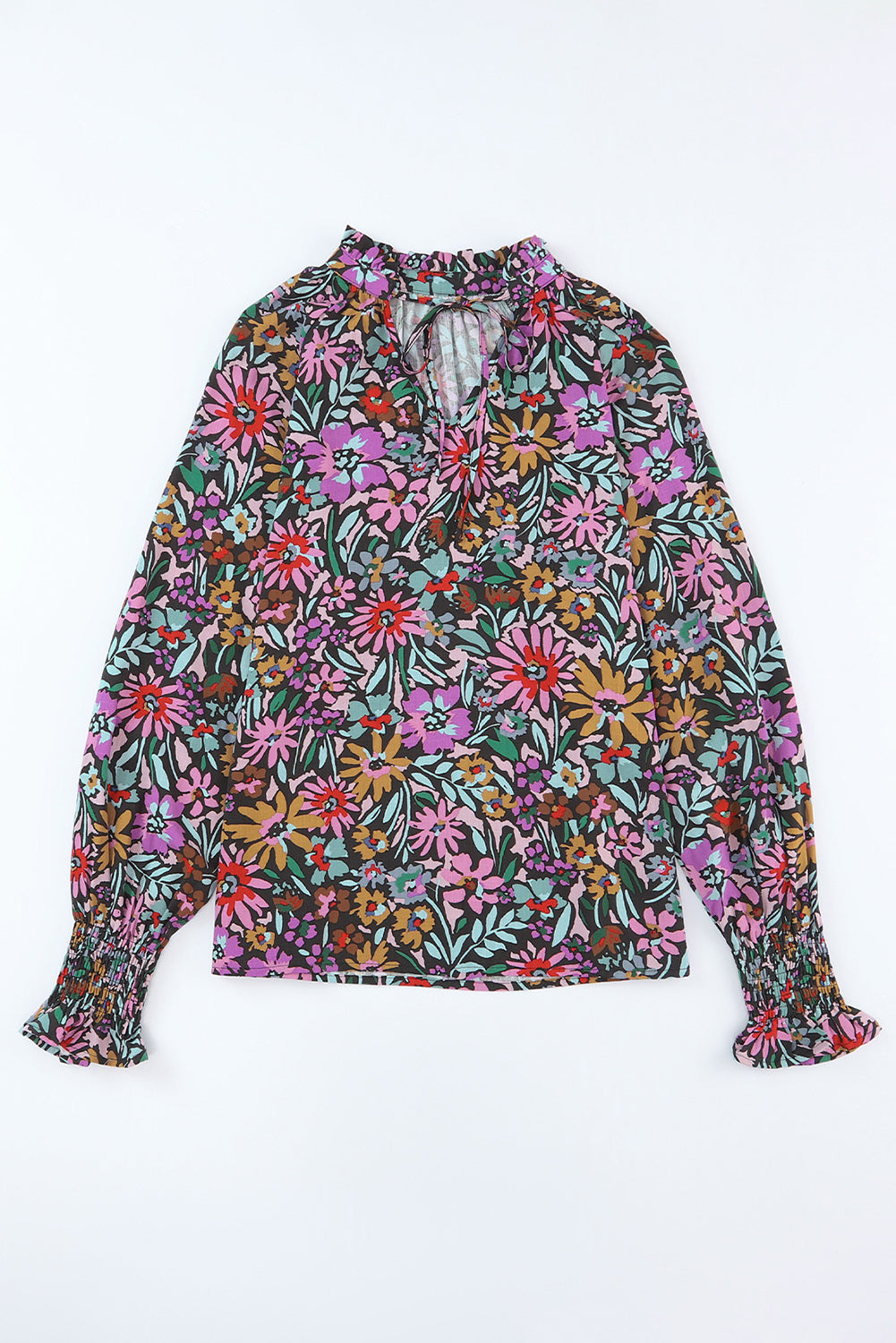 Multicolor Floral Print Ruffled Long Sleeve V-Neck Blouse