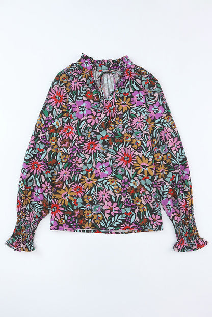 Multicolor Floral Print Ruffled Long Sleeve V-Neck Blouse