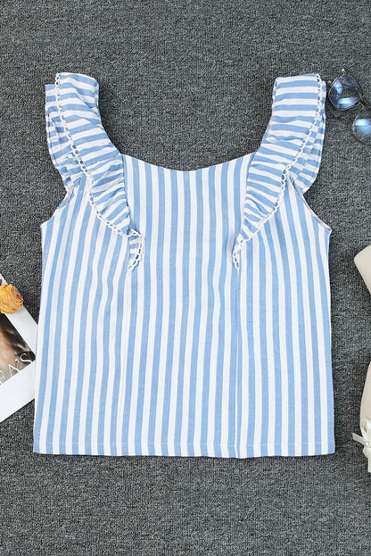 Blue Striped Tie Back Ruffle Trim Tank Top