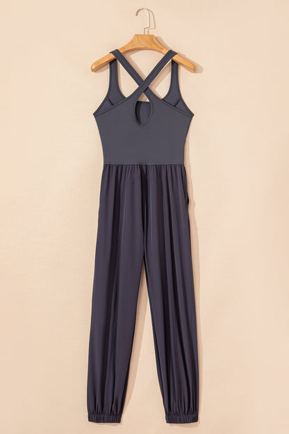 Carbon Grey Back Crossed Straps Hollow Out Jogger Jumpsuit