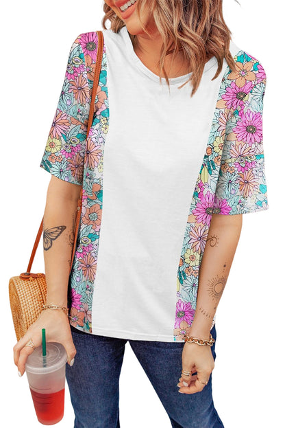 White Floral Print Patchwork Short Sleeve Top