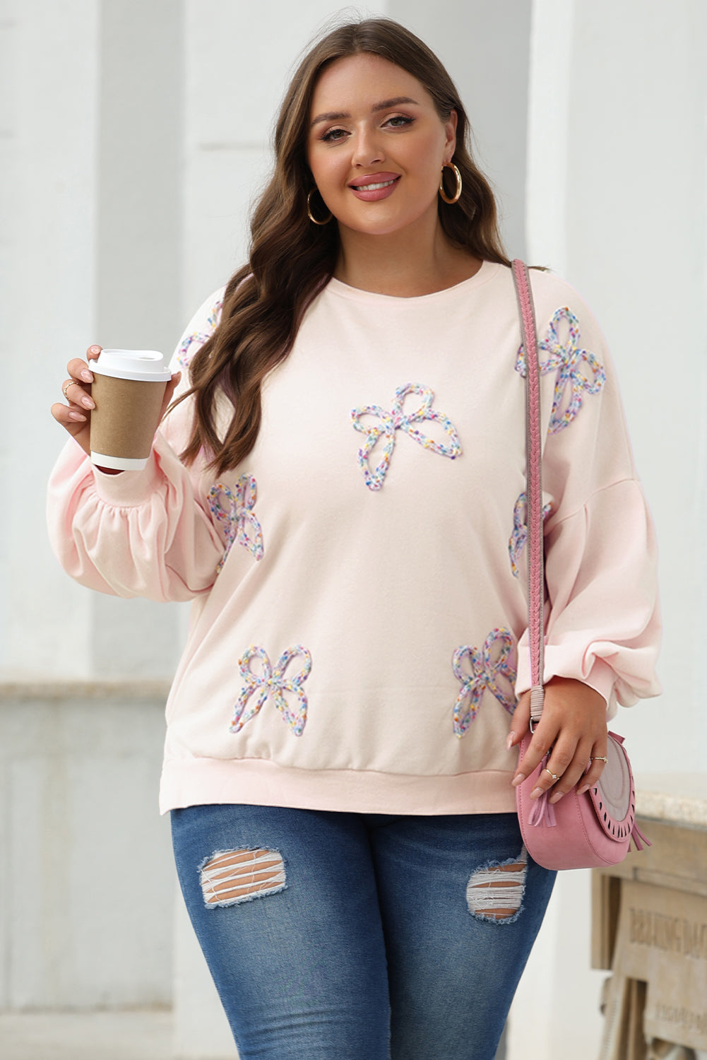 Parchment Embroidered Bow Lantern Sleeve Oversized Pullover Sweatshirt