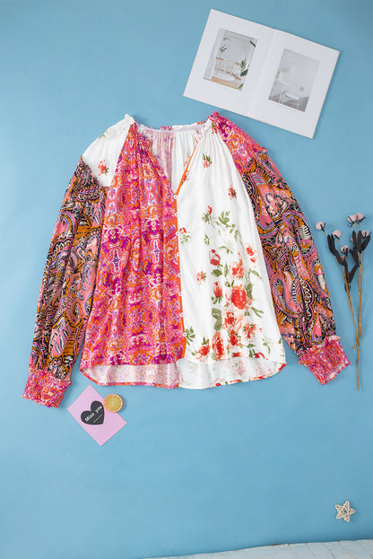 Pink Multicolor Floral Patchwork Shirred Cuffs Buttoned Blouse