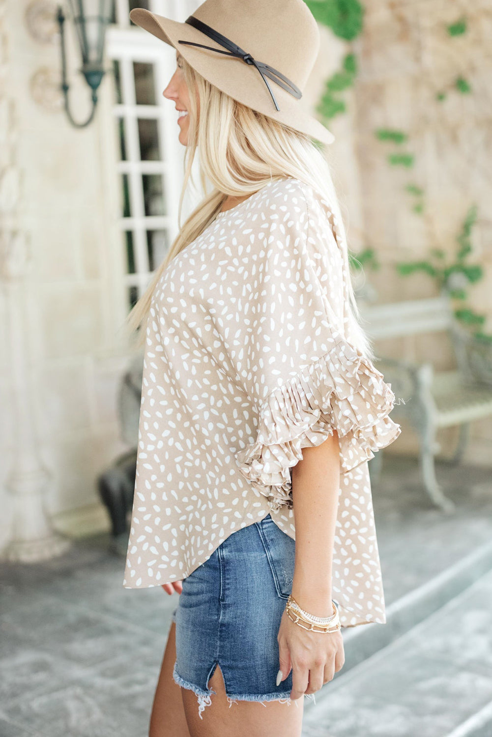 Khaki Dolman Ruffled Sleeve Loose Blouse