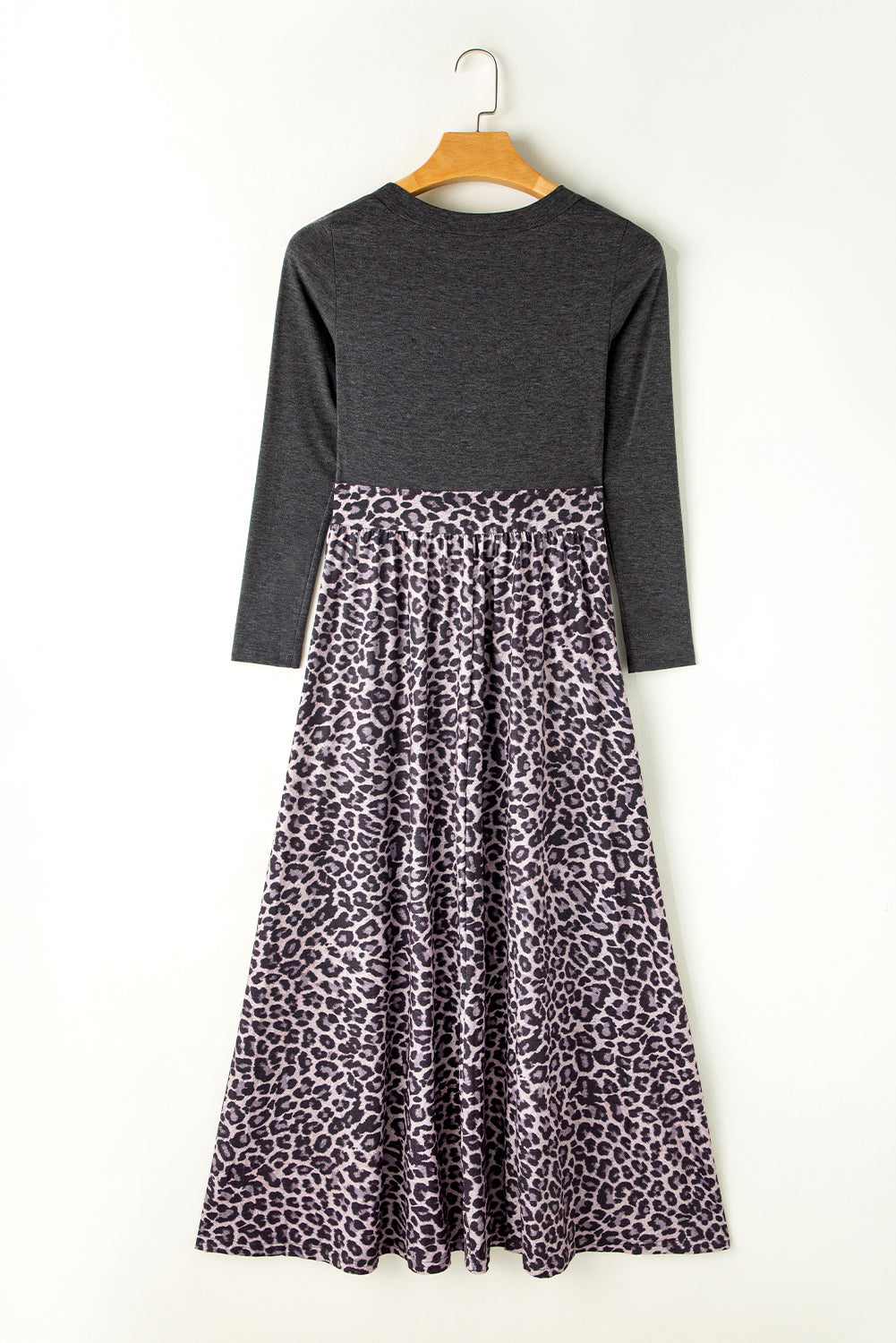 Black Long Sleeve Fitted Bodice Leopard Maxi Dress