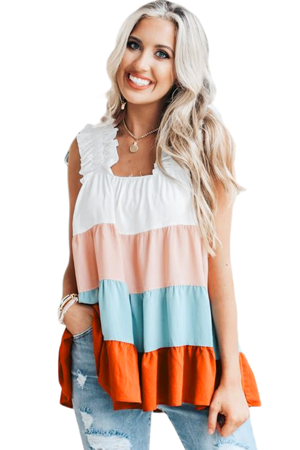 White Frill Straps Color Block Tiered Tank Top