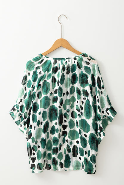 Green Metallic Threading Accents Pleated Abstract Printed Ruffled 3/4 Sleeve Blouse