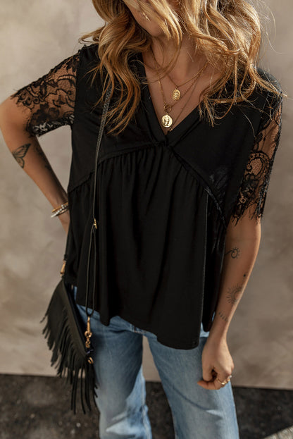 Black Eyelash Lace Sleeve V Neck Ruffle Babydoll Top