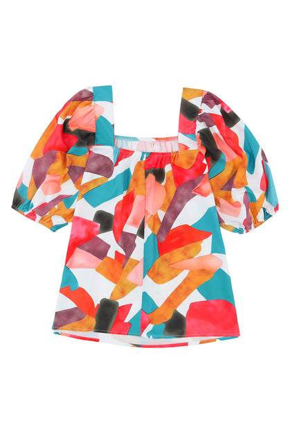 Multicolor Square Neck Abstract Print Short Sleeve Blouse