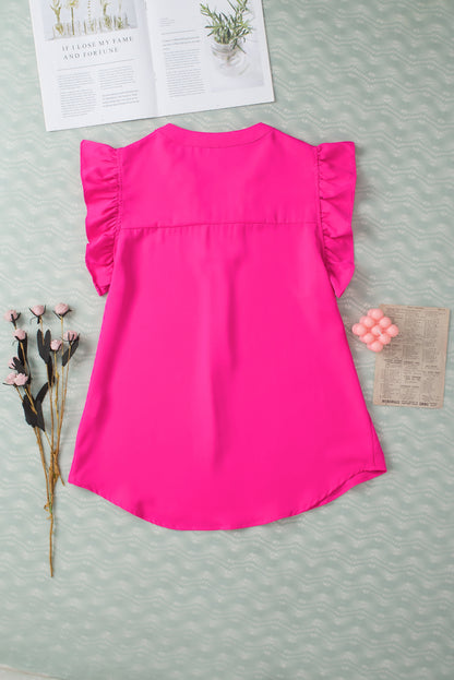 Rose Red Notched Neck Ruffle Sleeve Blouse