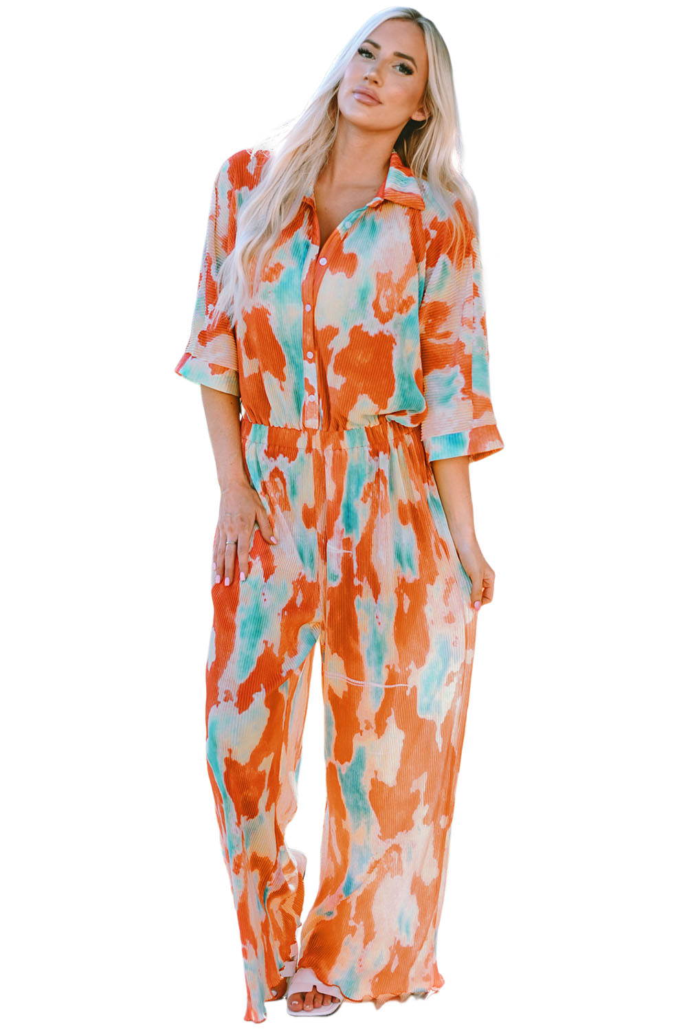 Multicolor Bohemian Tie Dye Pleated Shirt Collar Loose Jumpsuit