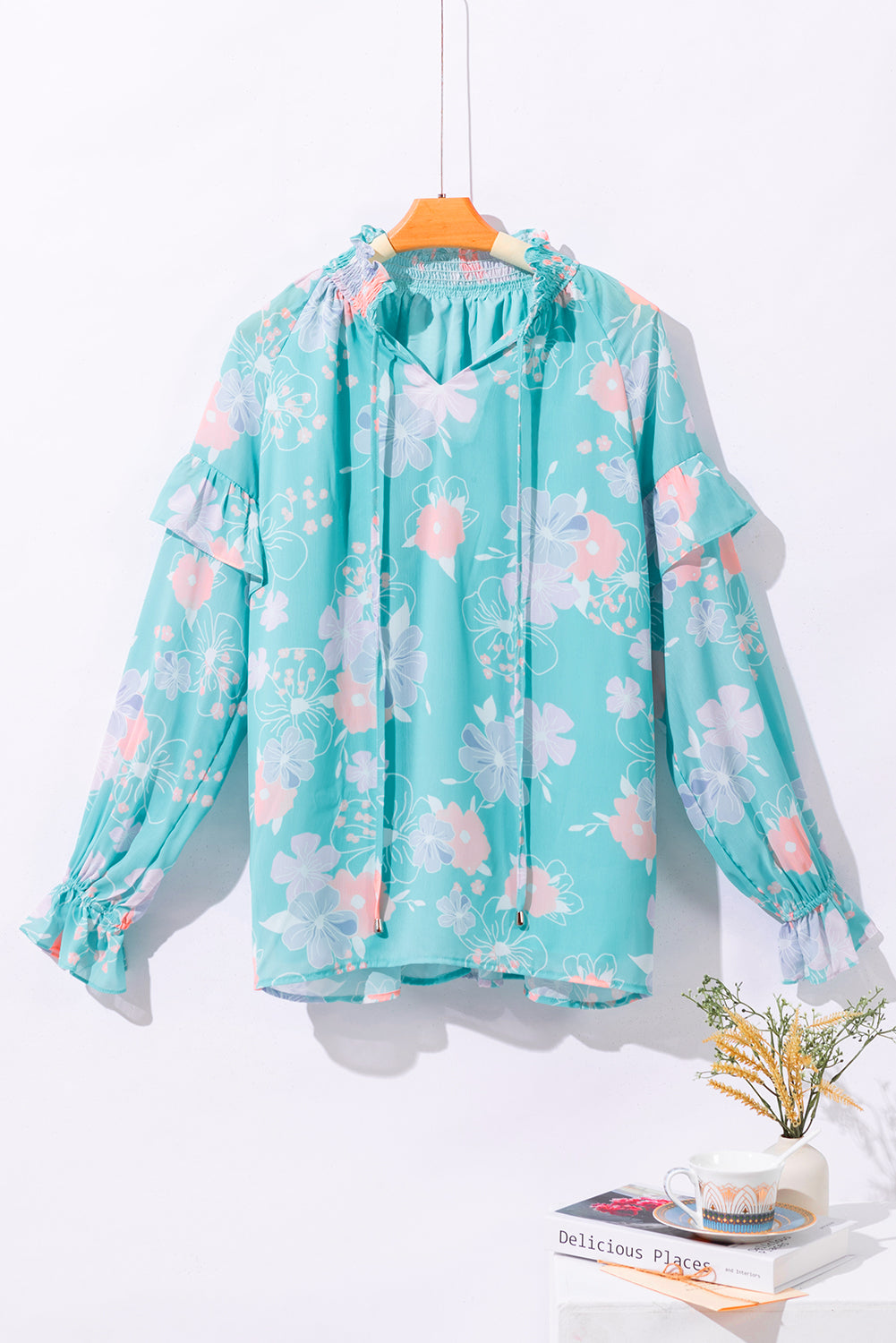 Sky Blue Floral Split Neck Ruffled Puff Sleeve Blouse