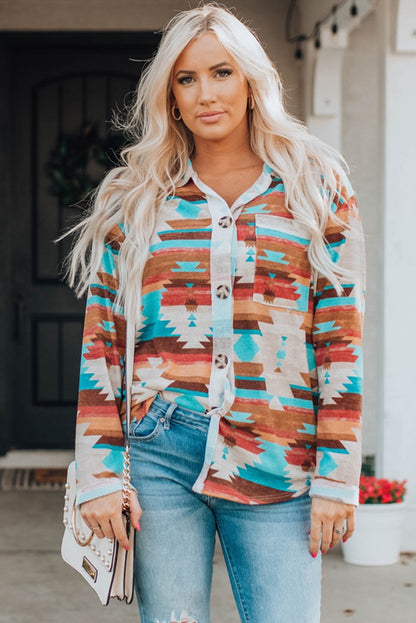 Multicolor Aztec Print Buttoned Pocket Chest Long Sleeve Shirt