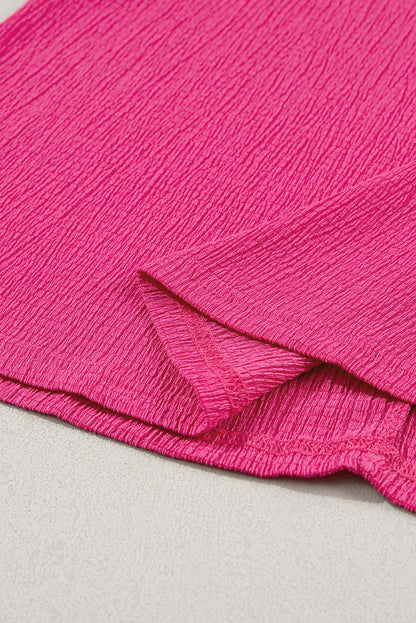 Bright Pink Crinkled V Neck Wide Sleeve T-shirt