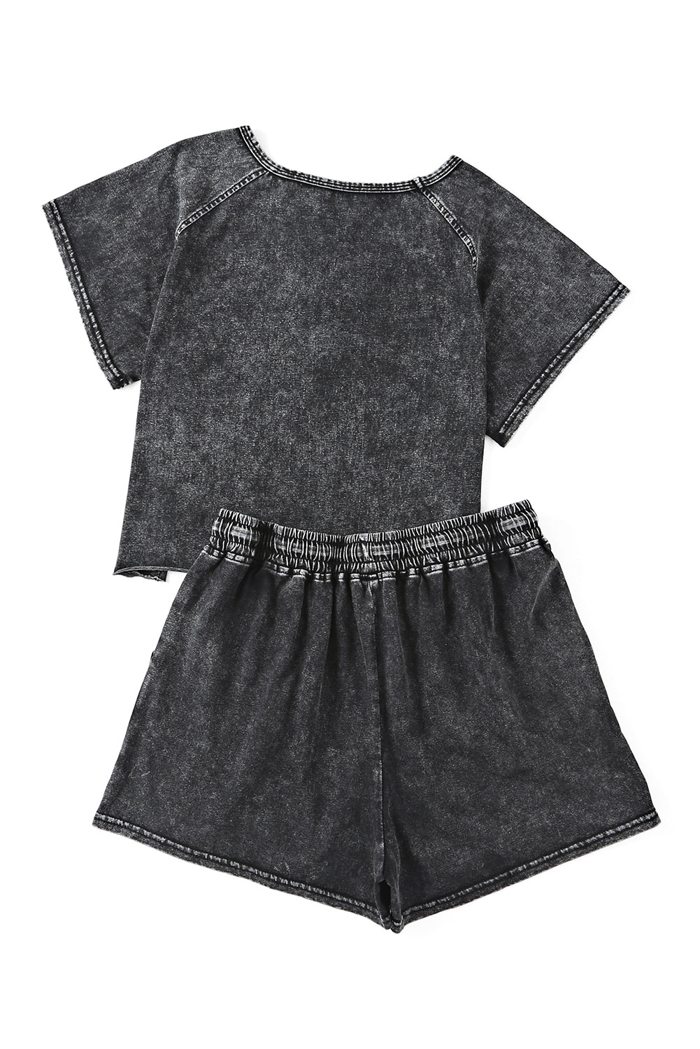 Black Acid Washed T Shirt & Drawstring Short Loungewear Set