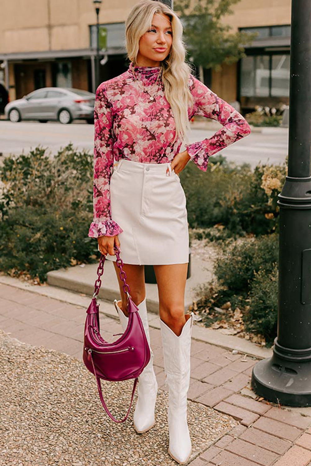 Rose Floral Mesh Flounce Sleeve Mock Neck Blouse