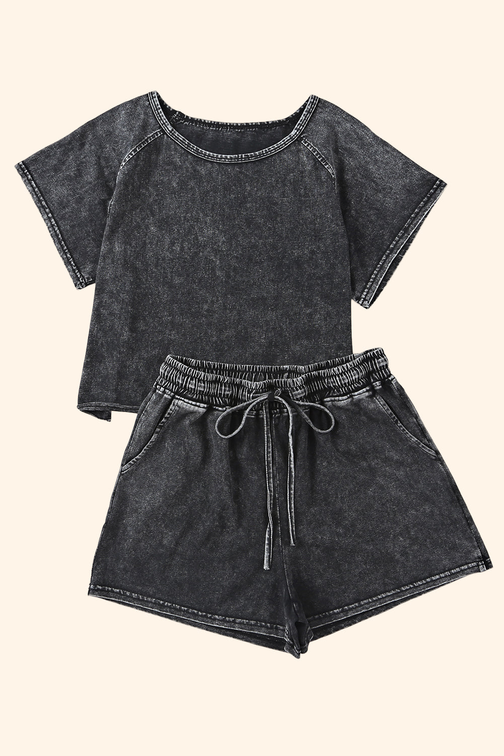 Black Acid Washed T Shirt & Drawstring Short Loungewear Set