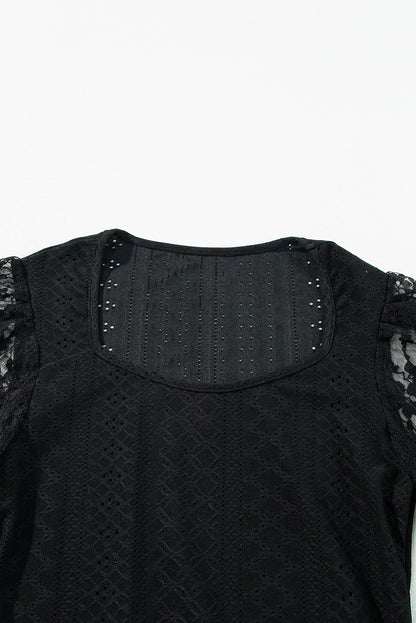 Black Frenchy Contrast Lace Bishop Sleeve Bodysuit