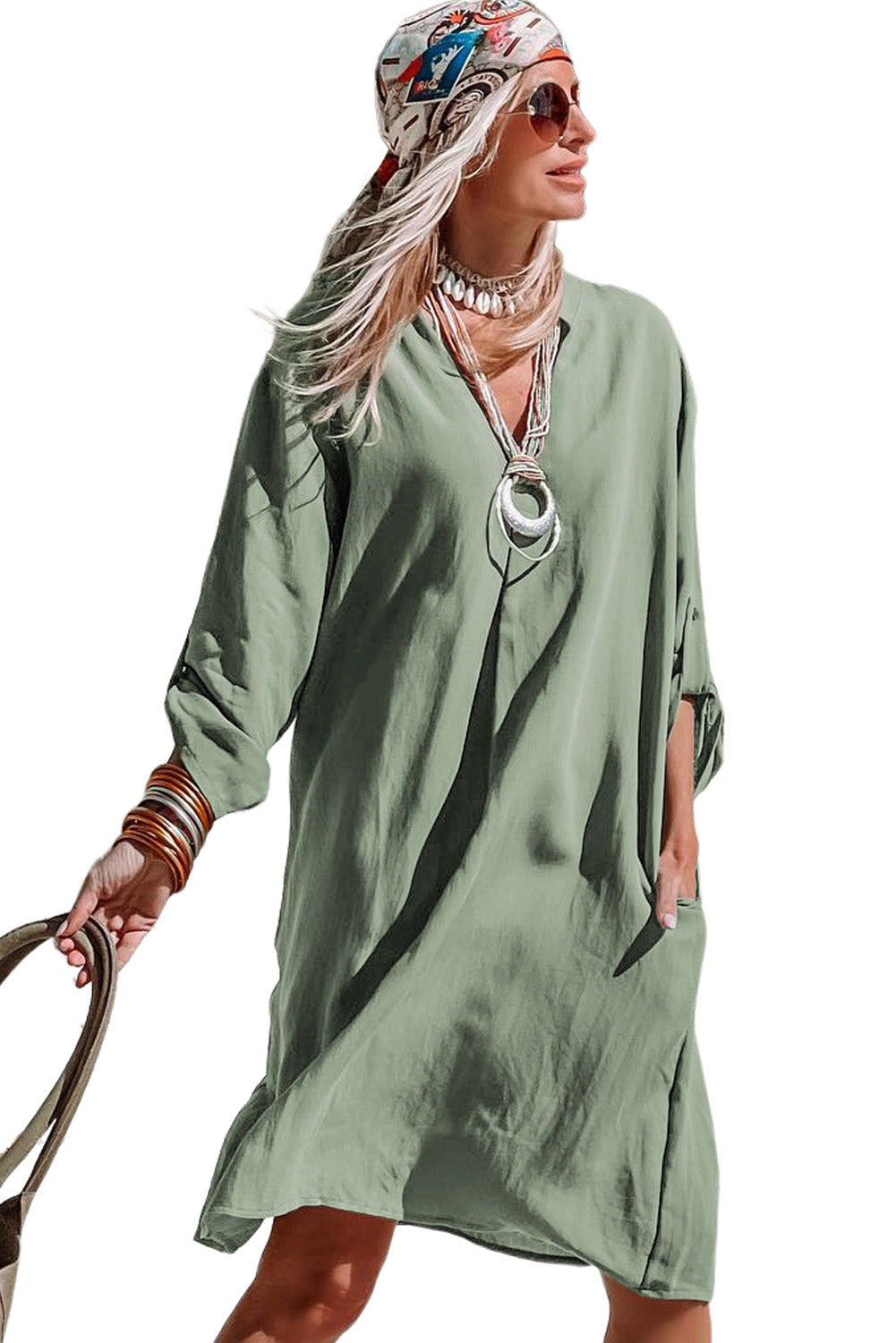 Green Roll-tab Sleeve Flowy Casual Dress