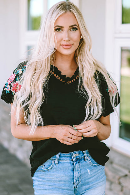 Black Floral Embroidered Bubble Sleeve Frill V Neck Top