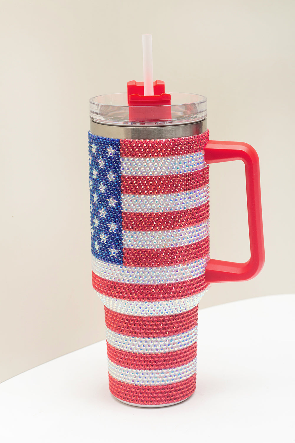 Red Rhinestone American Flag Print Handled 40oz Thermos Tumbler