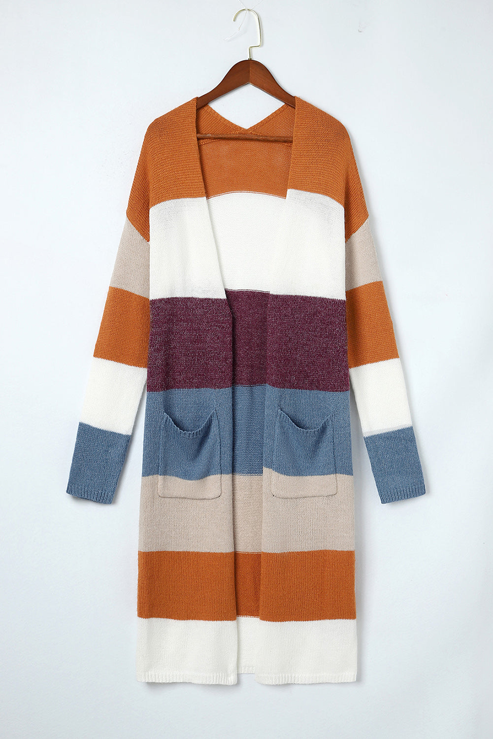 Multicolor Knitted Color Block Open Front Long Cardigan