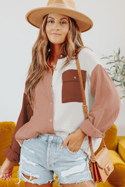 Brown Color Block Textured Long Sleeve Shirt with Pocket