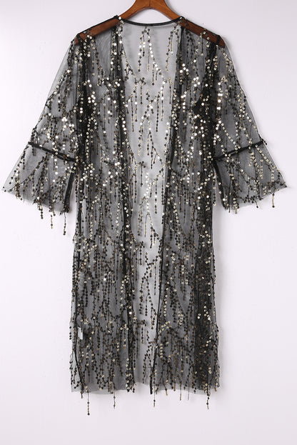 White Sequin Sheer Casual Open Front Cover Up