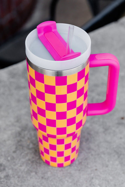 Pink Checkered Print Handled Stainless Steel Tumbler Cup