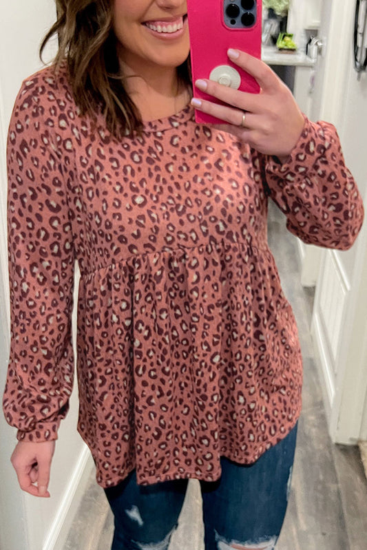 Leopard Print Long Sleeve Ruffled Babydoll Plus Size Blouse