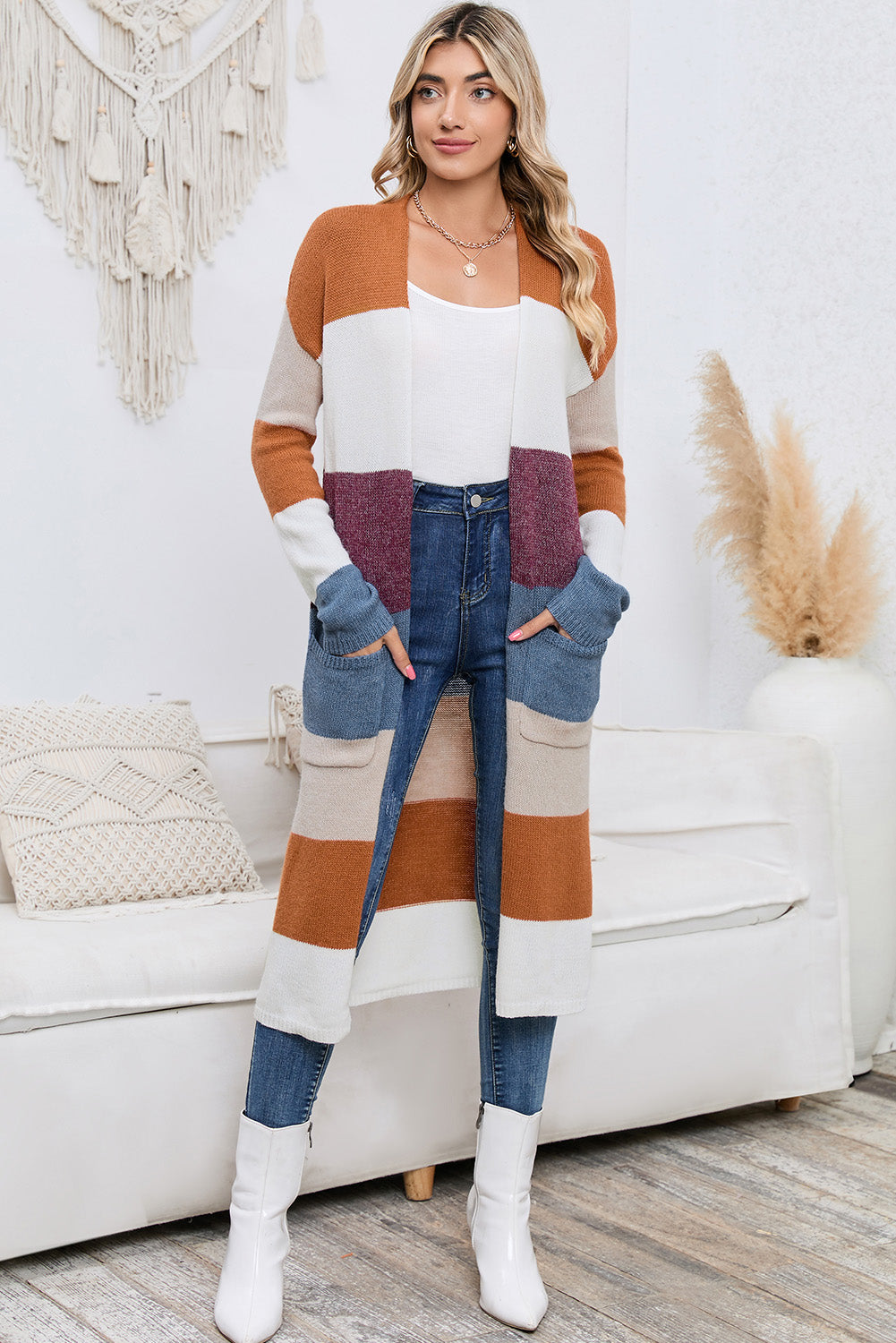 Multicolor Knitted Color Block Open Front Long Cardigan