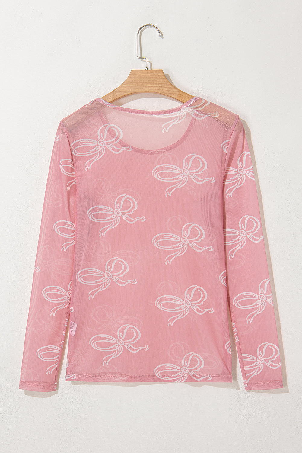 Pink Round Neck Bow Print Long Sleeve Mesh Top