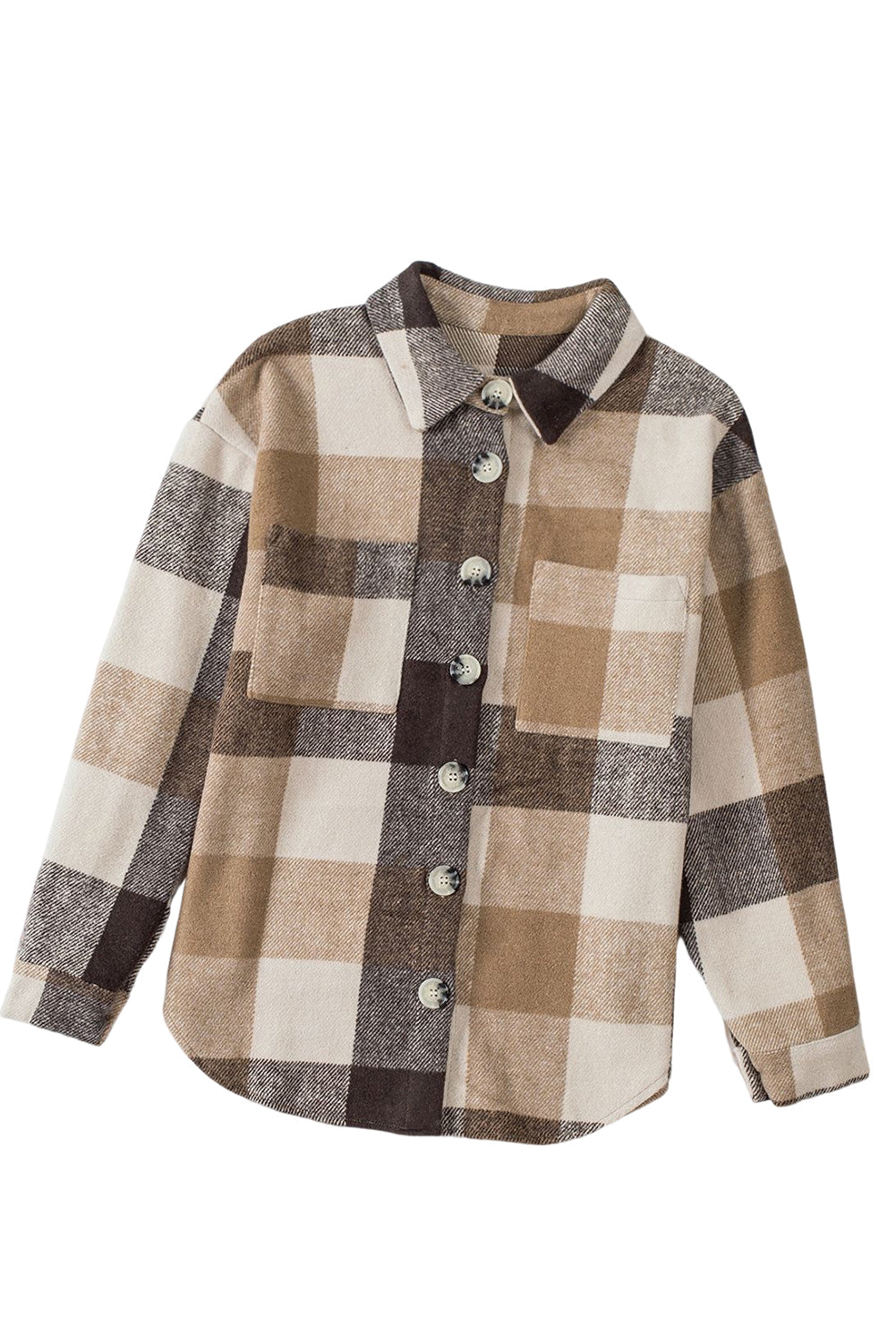 Grey Plaid Color Block Pockets Buttoned Shacket