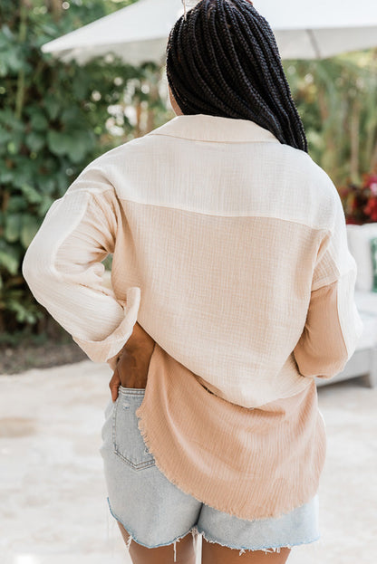 Khaki Color Block Buttoned Raw Hem Textured Shirt