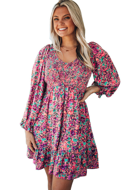 Purple Smocked V Neck Puffy Sleeve Floral Dress