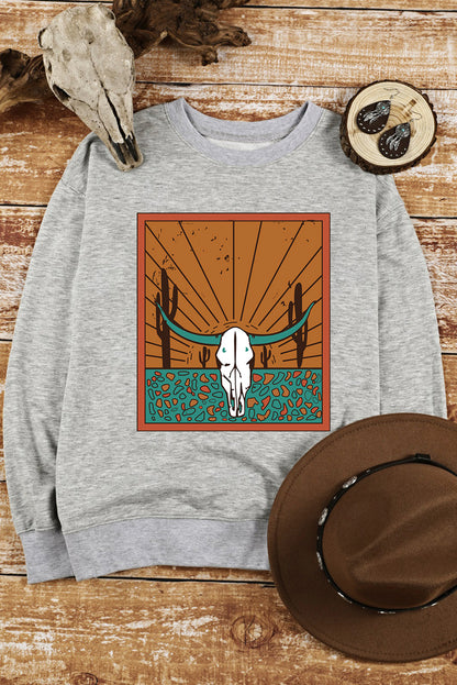 Gray Western Steer Skull Graphic Crew Neck Sweatshirt