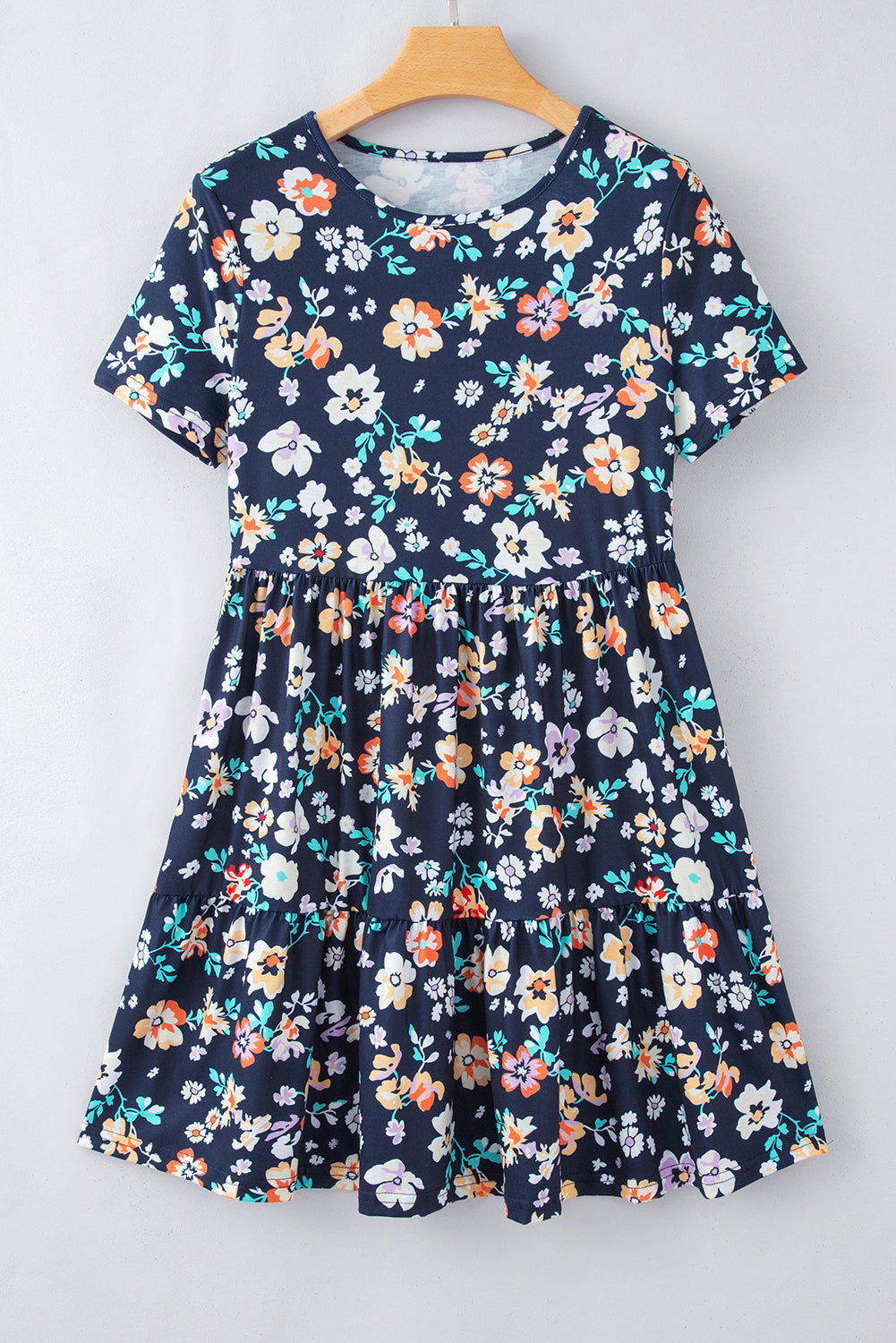 Blue Short Sleeve A-line Floral Dress