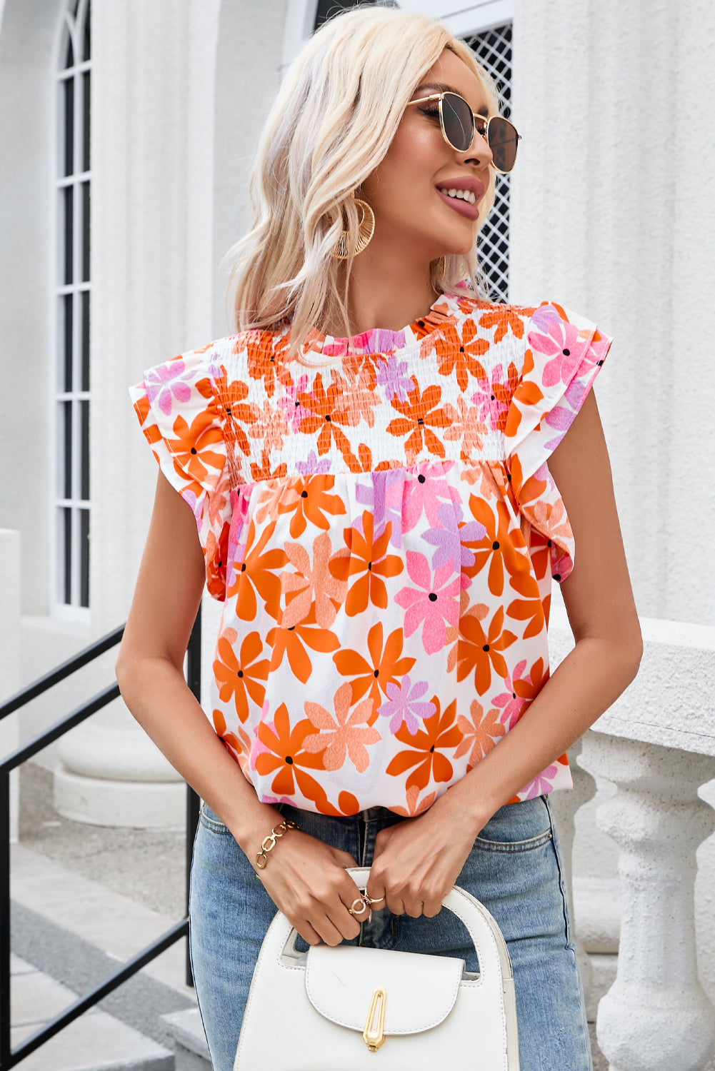 Orange Ruffled Sleeve Smocked Floral Top