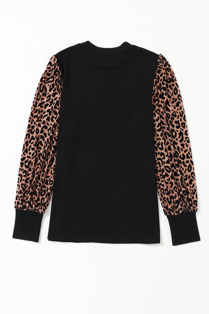 Black Leopard Print Long Sleeve Ribbed Knit Blouse