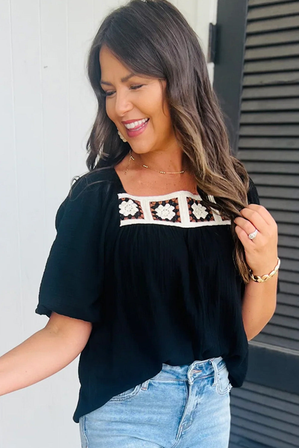 Black Flower Crochet Square Neck Textured Short Sleeve Blouse