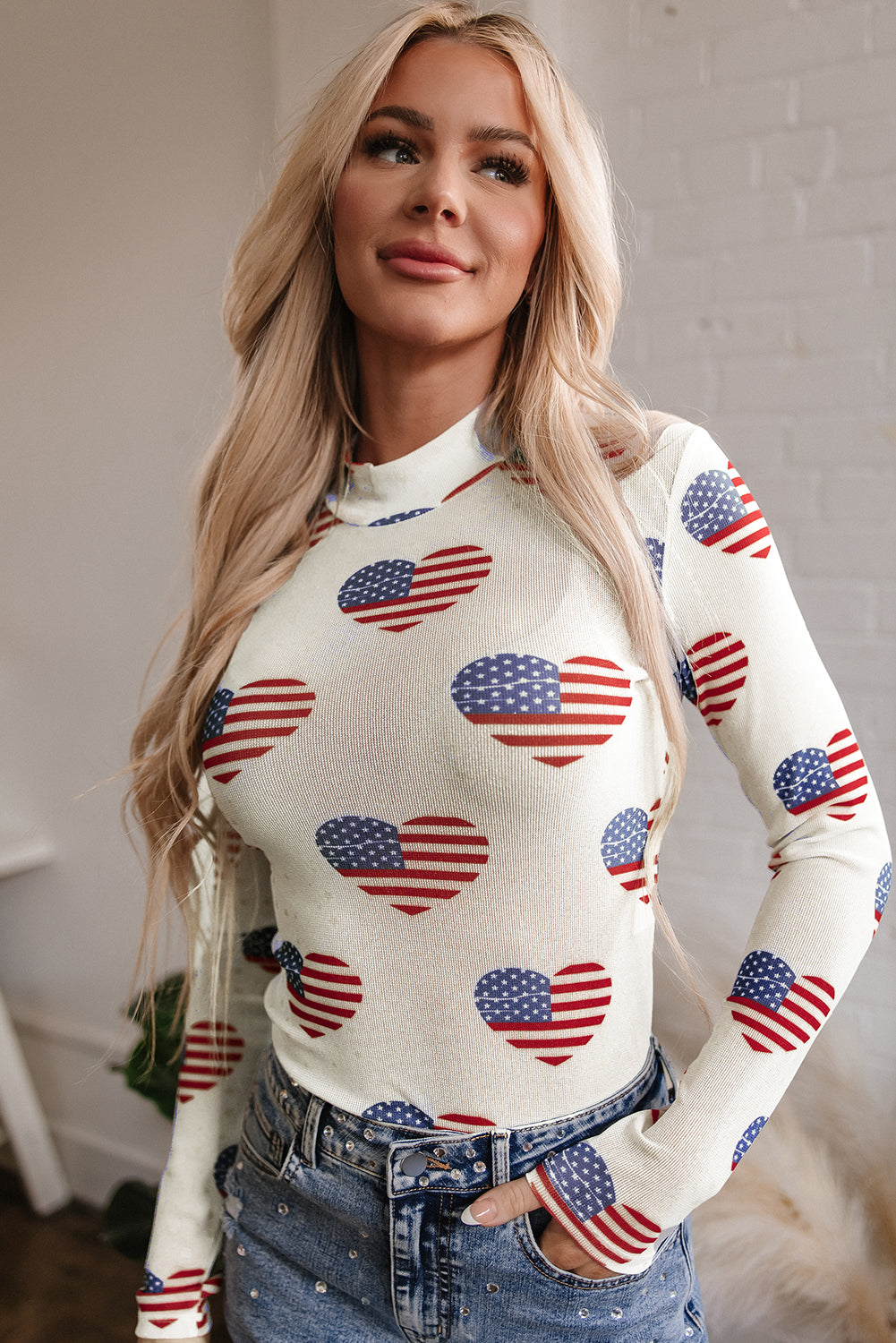 White Americana Glitter Mesh Long Sleeve Bodysuit