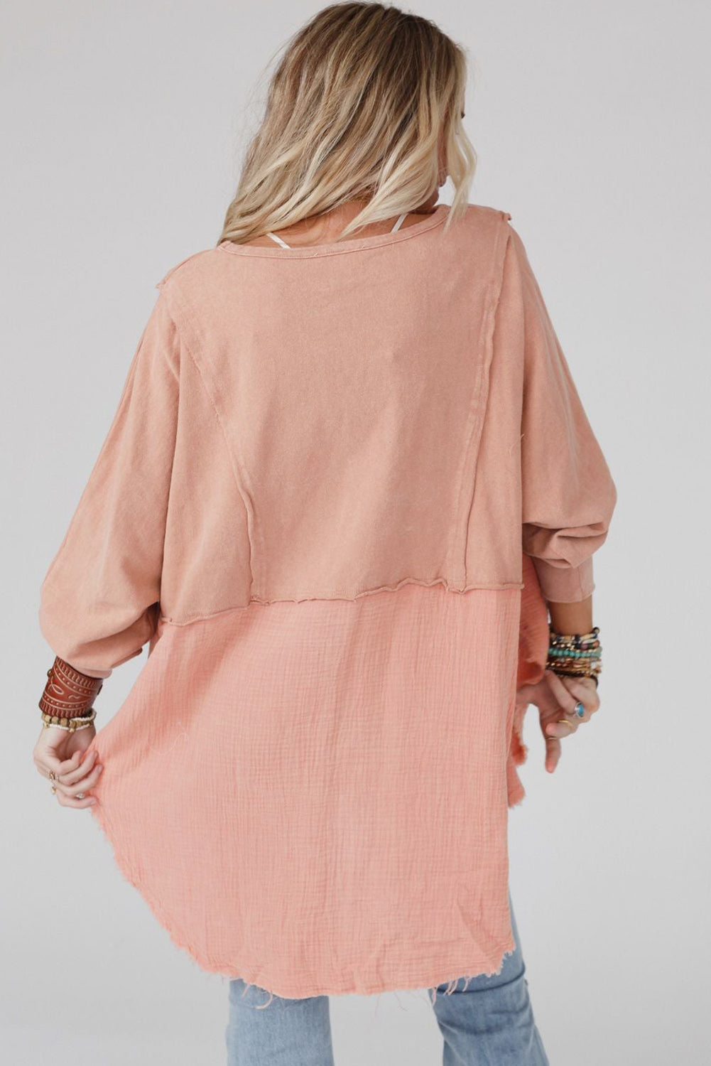 Crinkle Splicing Raw Hem High Low Oversized Blouse