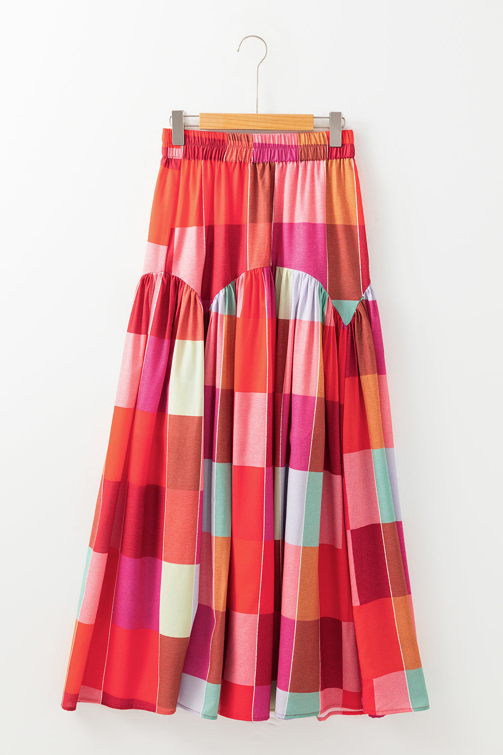 Multicolour Plaid Print Ruched High Waist Casual Maxi Skirt