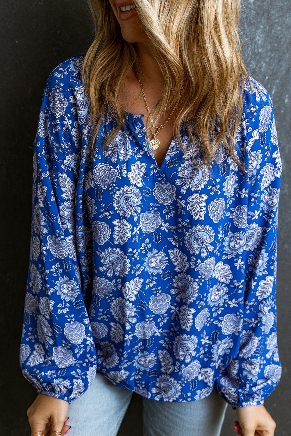 Blue Floral Notched V-Neck Long Sleeve Blouse