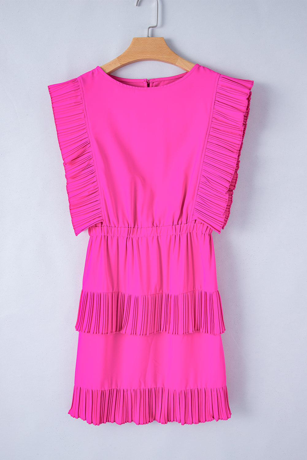 Bright Pink Solid Color Pleated Layered Flutter Mini Dress