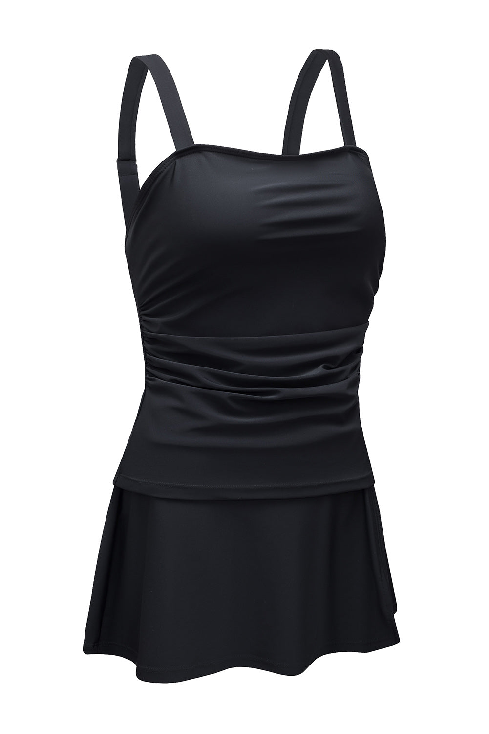 Black Solid Square Neck Sleeveless Tankini Swimsuit